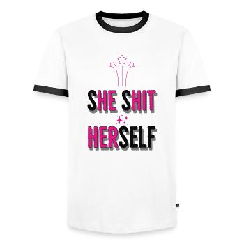 she shit herself - Männer Kontrast-T-Shirt - Weiß/Schwarz - Vorne - AI Model Female 172 light (172cm) & AI Model Male 178 dark (178cm)