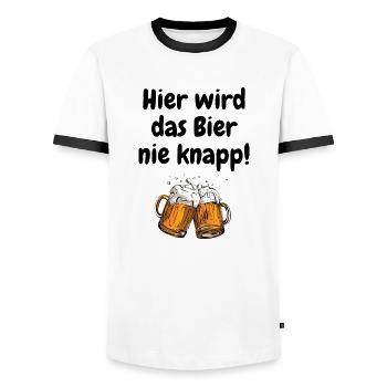 Hier wird das Bier nicht knapp-Mallorca Spruch - Männer Kontrast-T-Shirt - Weiß/Schwarz - Vorne - AI Model Female 172 light (172cm) & AI Model Male 178 dark (178cm)