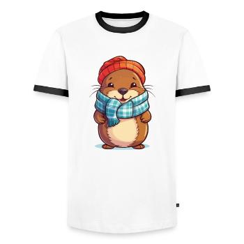 Winterzauber mit knuffigem Bieber - Männer Kontrast-T-Shirt - Weiß/Schwarz - Vorne - AI Model Female 172 light (172cm) & AI Model Male 178 dark (178cm)