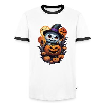 Ghost with pumpkin - Men's Ringer Shirt - white/black - Front - AI Model Female 172 light (172cm) & AI Model Male 178 dark (178cm)