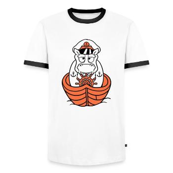 Lustiges Nilpferd Kapitän Segelt Süß Cartoon Comic - Männer Kontrast-T-Shirt - Weiß/Schwarz - Vorne - AI Model Female 172 light (172cm) & AI Model Male 178 dark (178cm)