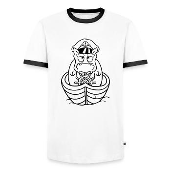Lustiges Nilpferd Kapitän Segelt Süß Cartoon Comic - Männer Kontrast-T-Shirt - Weiß/Schwarz - Vorne - AI Model Female 172 light (172cm) & AI Model Male 178 dark (178cm)