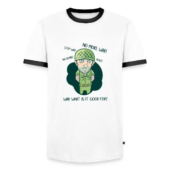 No More War! - Men's Ringer Shirt - white/black - Front - AI Model Female 172 light (172cm) & AI Model Male 178 dark (178cm)