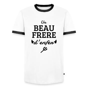 Beau Frère / Frere / Beau-Frère / Mariage / Marié - T-shirt contrasté Homme - blanc/noir - Devant - AI Model Female 172 light (172cm) & AI Model Male 178 dark (178cm)