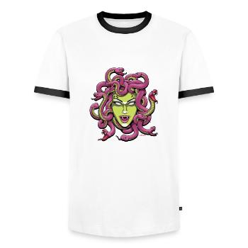 Medusa (P) by Yobeeno.com - Men's Ringer Shirt - white/black - Front - AI Model Female 172 light (172cm) & AI Model Male 178 dark (178cm)