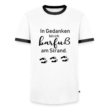In Gedanken bin ich barfuß am Strand - Männer Kontrast-T-Shirt - Weiß/Schwarz - Vorne - AI Model Female 172 light (172cm) & AI Model Male 178 dark (178cm)
