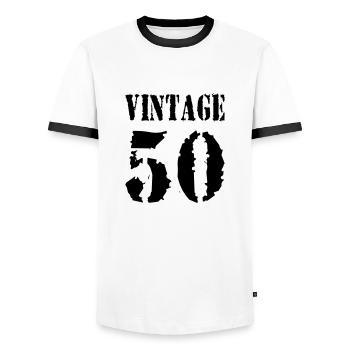 Vintage 1950 - Jahrgang 50 - Party Vector - Männer Kontrast-T-Shirt - Weiß/Schwarz - Vorne - AI Model Female 172 light (172cm) & AI Model Male 178 dark (178cm)