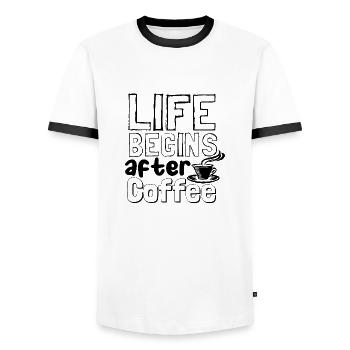 Life begins after coffee - Männer Kontrast-T-Shirt - Weiß/Schwarz - Vorne - AI Model Female 172 light (172cm) & AI Model Male 178 dark (178cm)