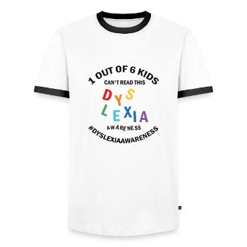 Dyslexia Awareness and Dyslexia Teachers - Men's Ringer Shirt - white/black - Front - AI Model Female 172 light (172cm) & AI Model Male 178 dark (178cm)