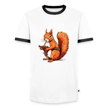 Wehrhaftes Eichhörnchen bewaffnet als Actionheld - Männer Kontrast-T-Shirt - Weiß/Schwarz - Vorne - AI Model Female 172 light (172cm) & AI Model Male 178 dark (178cm)