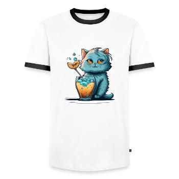 Cute Cat mascot drinks a cocktail - Men's Ringer Shirt - white/black - Front - AI Model Female 172 light (172cm) & AI Model Male 178 dark (178cm)