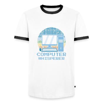 Computer Whisperer Computer Tech Support - Men's Ringer Shirt - white/black - Front - AI Model Female 172 light (172cm) & AI Model Male 178 dark (178cm)
