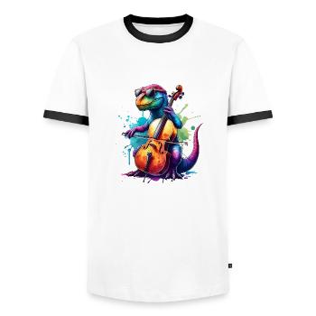 Cooler Dino Cellist Klassische Musik - Männer Kontrast-T-Shirt - Weiß/Schwarz - Vorne - AI Model Female 172 light (172cm) & AI Model Male 178 dark (178cm)