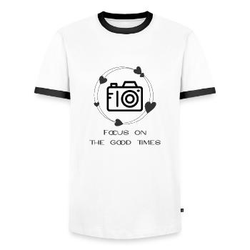 Fotografie , Konzentrieren Sie sich auf die guten Zeiten. - Männer Kontrast-T-Shirt - Weiß/Schwarz - Vorne - AI Model Female 172 light (172cm) & AI Model Male 178 dark (178cm)