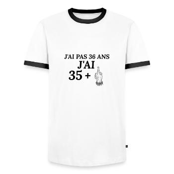 J'ai pas 36 ans j'ai 35+ - T-shirt contrasté Homme - blanc/noir - Devant - AI Model Female 172 light (172cm) & AI Model Male 178 dark (178cm)