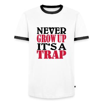 Never grow up, it's a Trap - Men's Ringer Shirt - white/black - Front - AI Model Female 172 light (172cm) & AI Model Male 178 dark (178cm)