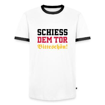 Schiess dem Tor, bitteschön! - Männer Kontrast-T-Shirt - Weiß/Schwarz - Vorne - AI Model Female 172 light (172cm) & AI Model Male 178 dark (178cm)