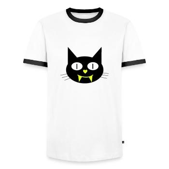 Halloween Vampir-Katze mit Eckzähnen - Männer Kontrast-T-Shirt - Weiß/Schwarz - Vorne - AI Model Female 172 light (172cm) & AI Model Male 178 dark (178cm)