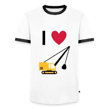 ★ Design colors can be changed ★ I love dragline excavators - Men's Ringer Shirt - white/black - Front - AI Model Female 172 light (172cm) & AI Model Male 178 dark (178cm)
