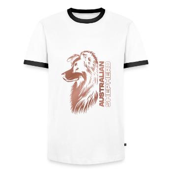 Australian Shepherd Portrait | Aussie's head rose gold - Men's Ringer Shirt - white/black - Front - AI Model Female 172 light (172cm) & AI Model Male 178 dark (178cm)