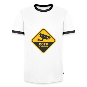 SECURITY CAMERAS IN USE - CCTV in operation - Men's Ringer Shirt - white/black - Front - AI Model Female 172 light (172cm) & AI Model Male 178 dark (178cm)