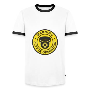 Symbolsymbol für Überwachungskameras in Verwendung. Stationäre Videoüberwachung - Männer Kontrast-T-Shirt - Weiß/Schwarz - Vorne - AI Model Female 172 light (172cm) & AI Model Male 178 dark (178cm)