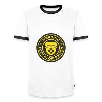Symbolsymbol für Überwachungskameras in Verwendung. Stationäre Videoüberwachung - Männer Kontrast-T-Shirt - Weiß/Schwarz - Vorne - AI Model Female 172 light (172cm) & AI Model Male 178 dark (178cm)