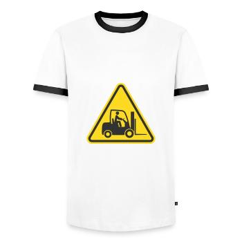 Achtung Gabelstapler, Gabelstapler-Symbolsymbol. Logistisch - Männer Kontrast-T-Shirt - Weiß/Schwarz - Vorne - AI Model Female 172 light (172cm) & AI Model Male 178 dark (178cm)