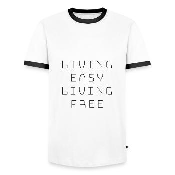 Living easy living free - Highway to hell - AC // DC - Men's Ringer Shirt - white/black - Front - AI Model Female 172 light (172cm) & AI Model Male 178 dark (178cm)