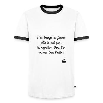 T'as trompé t* femme, elle le sait pas... Camping - T-shirt contrasté Homme - blanc/noir - Devant - AI Model Female 172 light (172cm) & AI Model Male 178 dark (178cm)