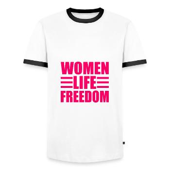 Women life freedom - T-shirt contrasté Homme - blanc/noir - Devant - AI Model Female 172 light (172cm) & AI Model Male 178 dark (178cm)