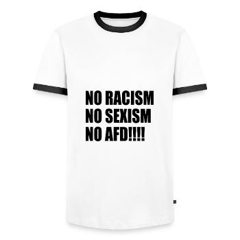 no racism no sexism no afd - Männer Kontrast-T-Shirt - Weiß/Schwarz - Vorne - AI Model Female 172 light (172cm) & AI Model Male 178 dark (178cm)