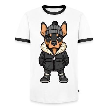 Doberman Hund Winter - Männer Kontrast-T-Shirt - Weiß/Schwarz - Vorne - AI Model Female 172 light (172cm) & AI Model Male 178 dark (178cm)