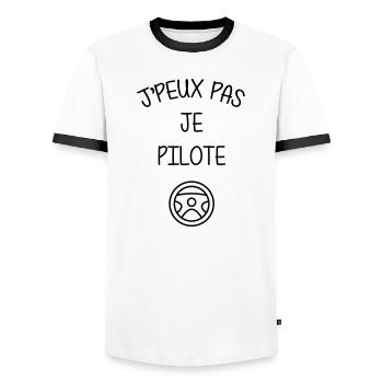 Course Automobile / Voiture / Sport / Pilote - T-shirt contrasté Homme - blanc/noir - Devant - AI Model Female 172 light (172cm) & AI Model Male 178 dark (178cm)