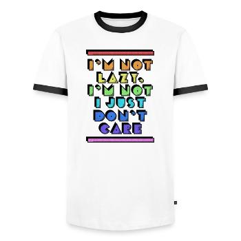 Relax statement funny I don't care - Men's Ringer Shirt - white/black - Front - AI Model Female 172 light (172cm) & AI Model Male 178 dark (178cm)