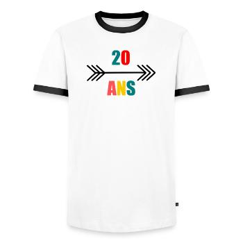 20. 20th ANNIVERSARY. 20 YEARS ANNIVERSARY. 20 YEARS. - Men's Ringer Shirt - white/black - Front - AI Model Female 172 light (172cm) & AI Model Male 178 dark (178cm)