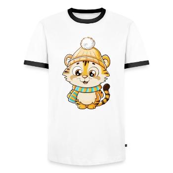 Niedlicher Tiger mit Schal und Pudelmütze. - Männer Kontrast-T-Shirt - Weiß/Schwarz - Vorne - AI Model Female 172 light (172cm) & AI Model Male 178 dark (178cm)