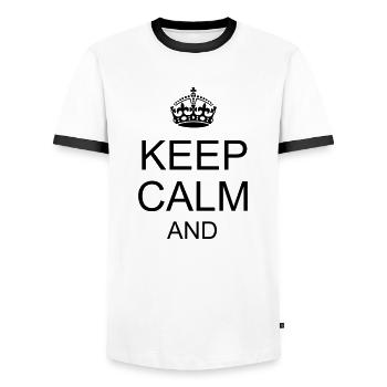 Keep calm and YOUR TEXT - Men's Ringer Shirt - white/black - Front - AI Model Female 172 light (172cm) & AI Model Male 178 dark (178cm)