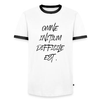 all beginning is difficult Latin quotation scripture - Men's Ringer Shirt - white/black - Front - AI Model Female 172 light (172cm) & AI Model Male 178 dark (178cm)