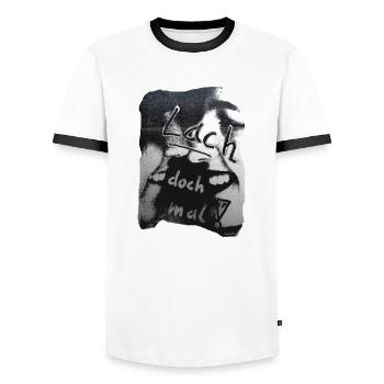 TOMZOFF Lach doch mal! - Männer Kontrast-T-Shirt - Weiß/Schwarz - Vorne - AI Model Female 172 light (172cm) & AI Model Male 178 dark (178cm)