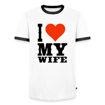 Ich liebe meine Ehefrau T-Shirt - Männer Kontrast-T-Shirt - Weiß/Schwarz - Vorne - AI Model Female 172 light (172cm) & AI Model Male 178 dark (178cm)