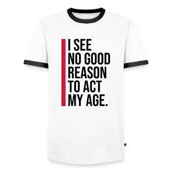 to act my age - Men's Ringer Shirt - white/black - Front - AI Model Female 172 light (172cm) & AI Model Male 178 dark (178cm)