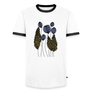 Abstract Drawing Flower Meadow in Blue Fine Line - Men's Ringer Shirt - white/black - Front - AI Model Female 172 light (172cm) & AI Model Male 178 dark (178cm)