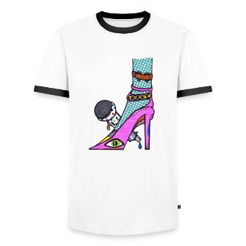 Disko Stöckelschuhe - Männer Kontrast-T-Shirt - Weiß/Schwarz - Vorne - AI Model Female 172 light (172cm) & AI Model Male 178 dark (178cm)