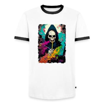 Death in ecstasy - Men's Ringer Shirt - white/black - Front - AI Model Female 172 light (172cm) & AI Model Male 178 dark (178cm)