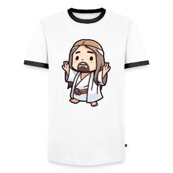 Jésus Kawaii - T-shirt contrasté Homme - blanc/noir - Devant - AI Model Female 172 light (172cm) & AI Model Male 178 dark (178cm)