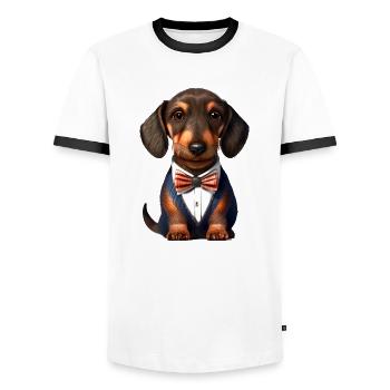 Dachshund Dogs with suit Dog Dachshund puppy - Men's Ringer Shirt - white/black - Front - AI Model Female 172 light (172cm) & AI Model Male 178 dark (178cm)