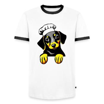 Dachshund Dogs Restaurateur Dog Dachshund Puppy Cooking - Men's Ringer Shirt - white/black - Front - AI Model Female 172 light (172cm) & AI Model Male 178 dark (178cm)