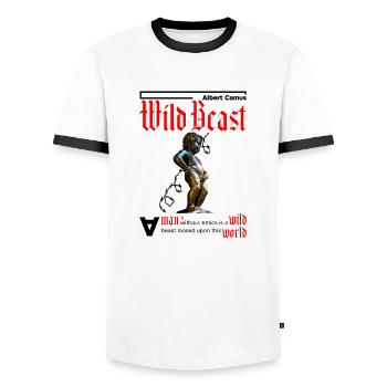 A man without ethics is a beast. Red - Men's Ringer Shirt - white/black - Front - AI Model Female 172 light (172cm) & AI Model Male 178 dark (178cm)