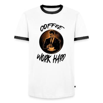 Coffee Work Hard Coffee at Work Motivation - Men's Ringer Shirt - white/black - Front - AI Model Female 172 light (172cm) & AI Model Male 178 dark (178cm)